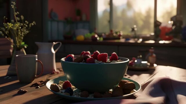 Delicious berries and nuts on a blue plate sitting on a table in a warmly lit kitchen.