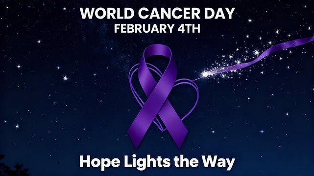 Purple ribbons and love, with the words' Hope Illuminates the Way Forward ', hope and warm support for cancer prevention, public welfare promotion or patient encouragement.
