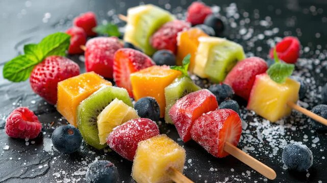 A platter topped with fruit skewers featuring strawberries, blueberries, pineapple chunks, and honeydew melon slices. Each skewer is coated in powdered sugar and adorned with mint leaves.