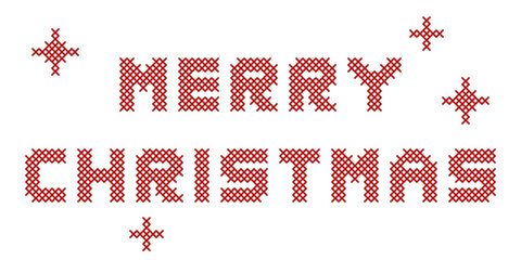 Pixel-style “Merry Christmas” holiday greeting in red cross-stitch look on white background, festive winter minimalist design. Part of a festive pixel-style holiday greeting card illustration set.