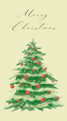 Elegant watercolor Christmas tree with handwritten “Merry Christmas” greeting on soft beige background. Part of a festive watercolor Christmas and New Year card illustration set.