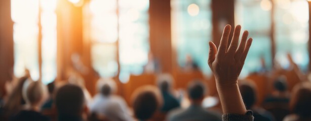The Audience Member Raising a Hand in a Sunlit Conference Room During Q&A