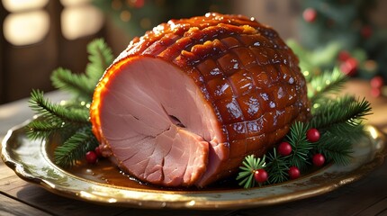 A juicy Christmas baked ham, served on a worn, antique, golden-rimmed plate with a subtle sheen, and garnished with fresh green spruce twigs and a few crimson berries all around