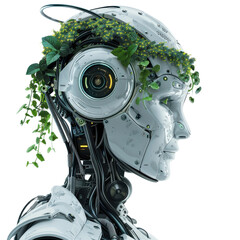Robot with lush greenery on its head showcases harmony between technology and nature in a futuristic design on transparent background