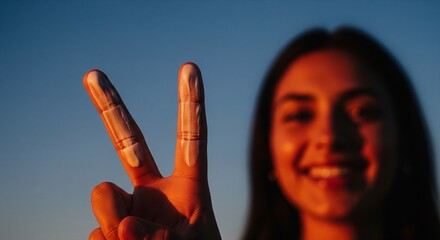 Hand displaying the two-finger sunscreen rule with cream strips against a blurred smiling woman in golden sunset light, promoting effective skin protection