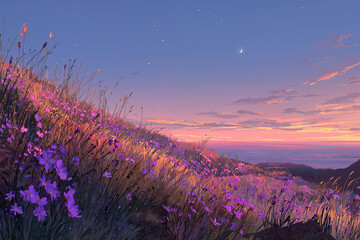 Colorful flowers blooming on hillside at sunset

