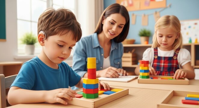 A young boy with hearing aid and two girls playing with blocks in a classroom as a teacher observes.