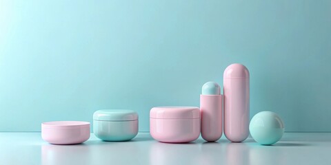 Pastel-colored cosmetic containers arranged on a minimalist surface against a light-blue backdrop, showcasing elegant product packaging design