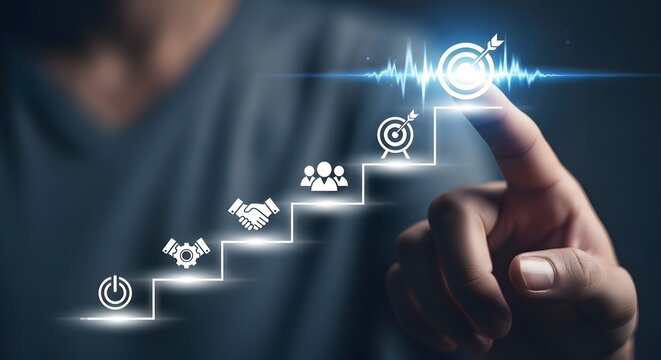 Man s finger touches digital target icon on ascending steps