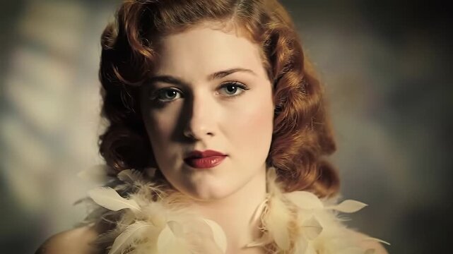 Woman with feathered boa in vintage pose, soft background, portrait photo for beauty or fashion