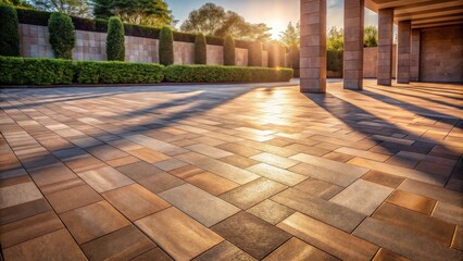 Fototapeta premium Golden Hour Illumination on a Modern Courtyard Patio with Stone Pillars and Lush Greenery