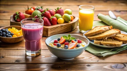 A delightful breakfast scene featuring a vibrant fruit bowl, a smoothie, a bowl of creamy porridge topped with fresh berries and a side of toasted bread