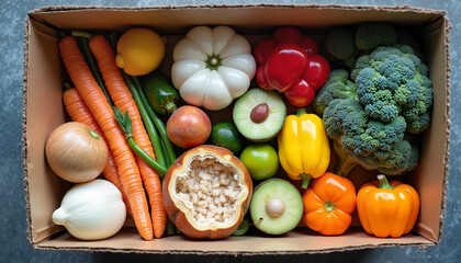 Box of fresh vegetables including broccoli and peppers
