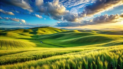 Obraz premium Serene Rolling Hills at Sunset A Pastoral Landscape of Verdant Fields and Golden Light