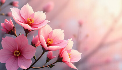 Pink flowers blooming against a soft pastel background  
