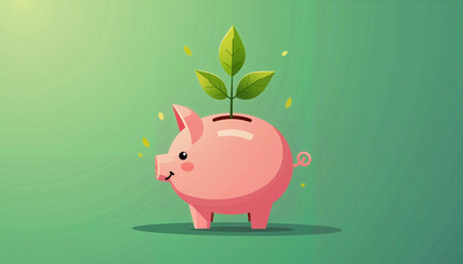 Piggy bank with plant growing on green background
