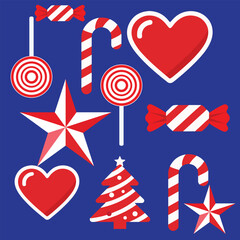 Fototapeta premium Red and white striped festive holiday candy assortment including swirl lollipops star treats heart shaped sweets Christmas themed vector design pattern