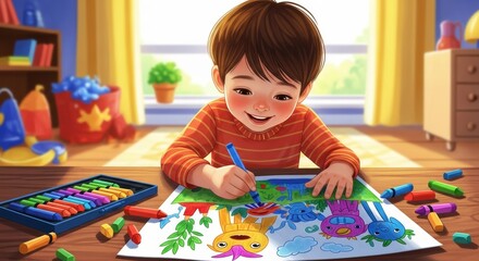 Young boy in striped shirt, drawing with crayon, enjoying art in bright room. Smiling child artist.