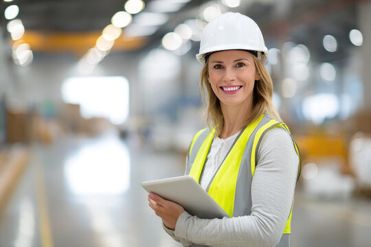 Female engineer wearing safety vest and hard hat stands in industrial factory holding tablet with confident smile, modern manufacturing environment in background