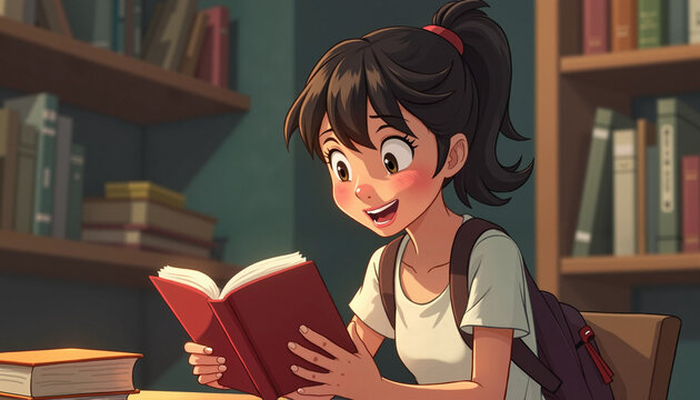 Young girl reading a book with excitement in a library

