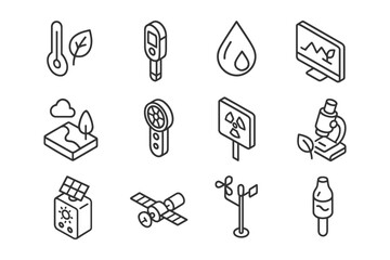 Fototapeta premium Set of environmental science icons: thermometer, satellite, microscope, wind vane.
