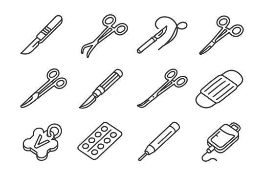 Medical instruments set: scissors, scalpel, syringe, medicine, bandage.