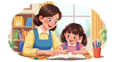 A woman in a blue apron with a young girl in a pink shirt studies at a desk inside a home. | Mother helps daughter write in notebook at desk. Window, bookcase, and pencils.