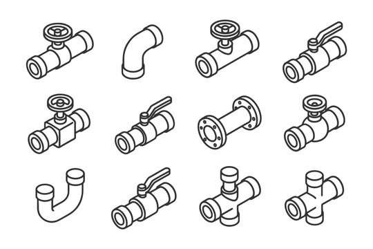 Collection of plumbing pipe fittings and valves in isometric style.