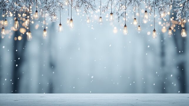 Winter product presentation with white backdrop, blurred tree background, hanging lights and falling snow creating a cozy atmospheric winter-themed setting for showcasing items.