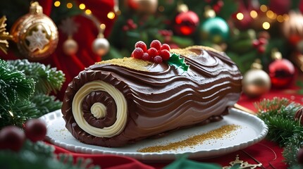 A traditional Yule log roll cake, adorned with rich, velvety chocolate ganache, placed on a vibrant Christmas decorated background
