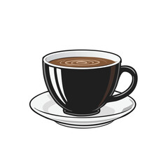 Obraz premium Black Coffee Cup with Saucer, Coffee Art in Mug, Delicious Beverage Illustration