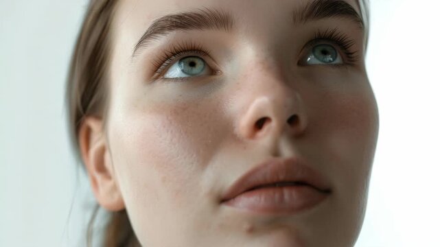 A beautiful young lady with striking blue eyes looking intently into the camera, portrait style.