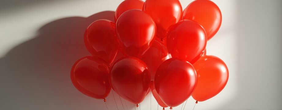 The Red Balloons Cluster Floating Against a Sunlit Wall Casting Soft Shadows