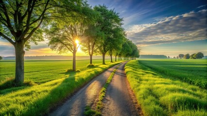 Obraz premium Serene Sunrise on a Country Lane Lined with Lush Green Trees and Vibrant Meadows