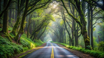 Fototapeta premium Sunlit Path Through a Mystical, Moss-Draped Forest Canopy, Winding Road Beckons the Adventurous Soul