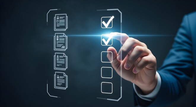 Businessman completing digital checklist with touchscreen interface technology