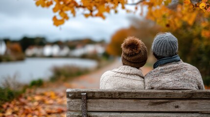A cozy couple sits together on a park bench surrounded by vibrant autumn foliage, sharing a quiet moment that reflects warmth, love, and the beauty of companionship in nature.