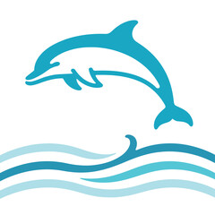 Obraz premium Minimalist blue dolphin jumping above stylized layers of ocean waves, clean vector illustration for branding.