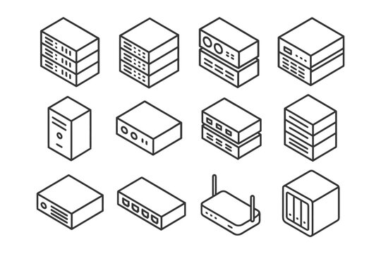 Isometric line art of data servers and networking equipment.