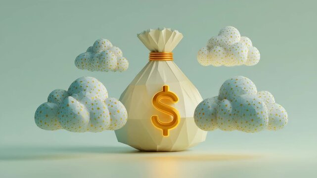 ローポリ調の雲と巾着で構成した金融コンセプトデザイン