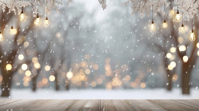 Winter product presentation with white backdrop, blurred tree background, hanging lights and falling snow creating a cozy atmospheric winter-themed setting for showcasing items.