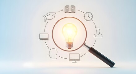 Magnifying glass reveals bright idea lightbulb with knowledge icons