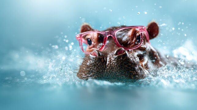 A humorous image of a hippo swimming playfully in a pool while wearing stylish sunglasses, blending humor and wildlife in a fun and lighthearted atmosphere.