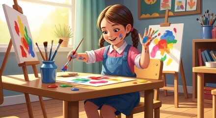A young girl in overalls paints with colorful hand in an art studio, smiling and delighted.