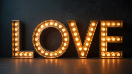 Illuminated marquee letters spell out the word love with warm glowing lights