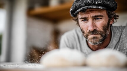 A focused baker prepares dough in a rustic kitchen, capturing the essence of artisanal baking with flour dusting and the anticipation of fresh bread-making.