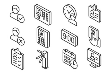 Isometric office icons: check-in, clock, id, access control, calendar.