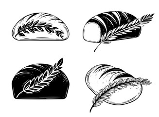 Set of loaf of bread with a wheat ear logo. Vector black ink isolated illustration in sketch line style