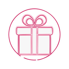 Pink outlined gift box with a ribbon bow inside a decorative circle icon for celebration