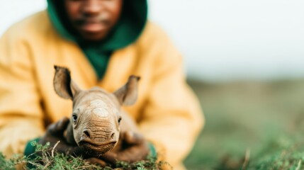 A dedicated individual holds a young rhinoceros, embodying compassion and wildlife conservation efforts in a picturesque natural setting, promoting harmony between nature and humanity.